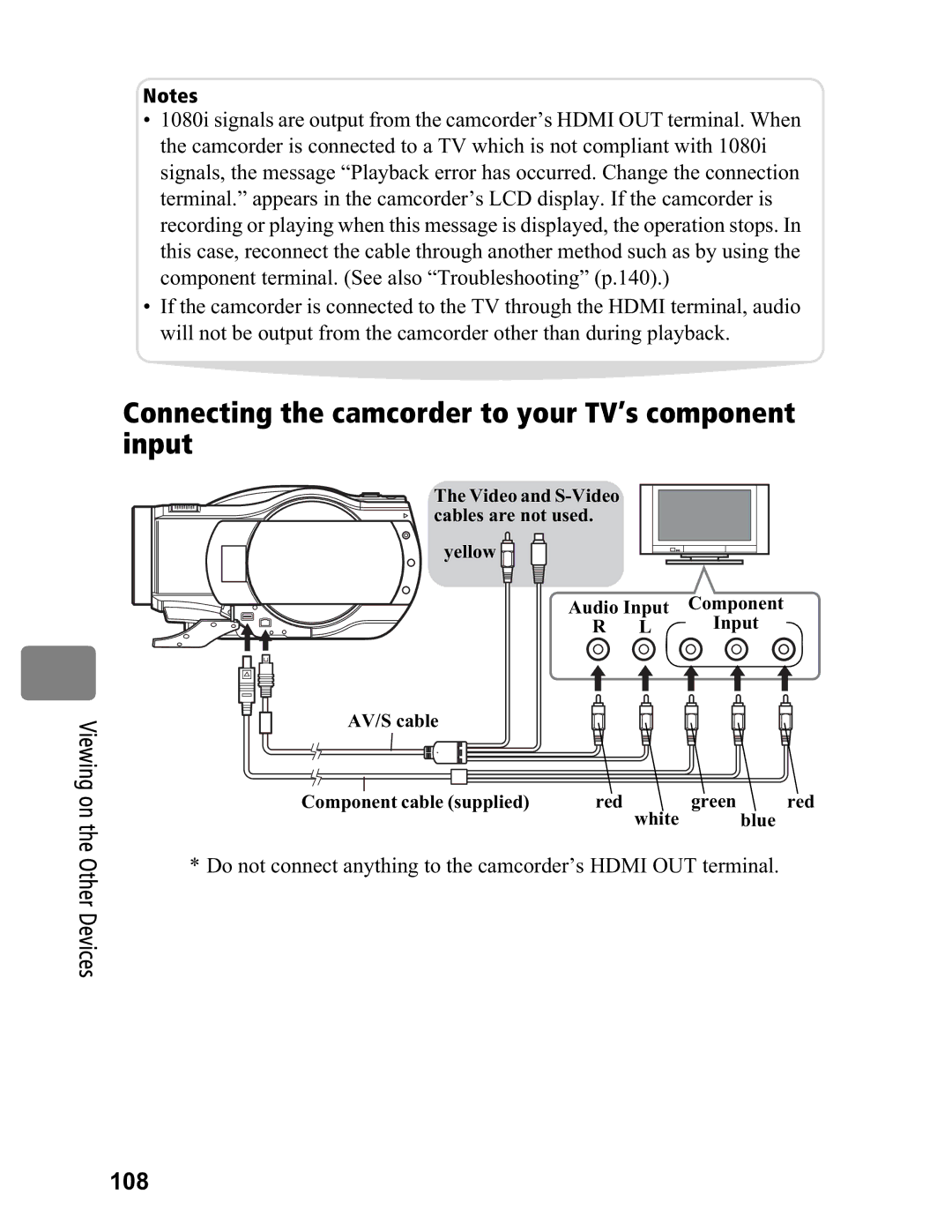 Hitachi DZ-BD70A, DZ-BD7HA instruction manual Connecting the camcorder to your TV’s component input, 108 