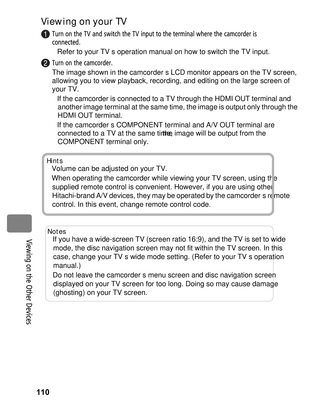 Hitachi DZ-BD70A, DZ-BD7HA instruction manual Viewing on your TV, 110 