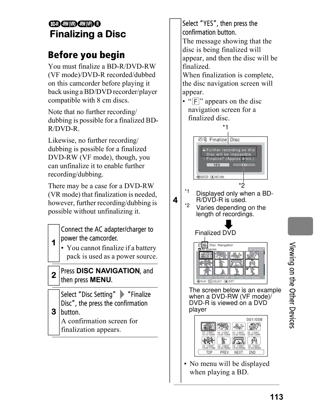 Hitachi DZ-BD7HA, DZ-BD70A Finalizing a Disc Before you begin, Viewing on the Other Devices 113, Power the camcorder 