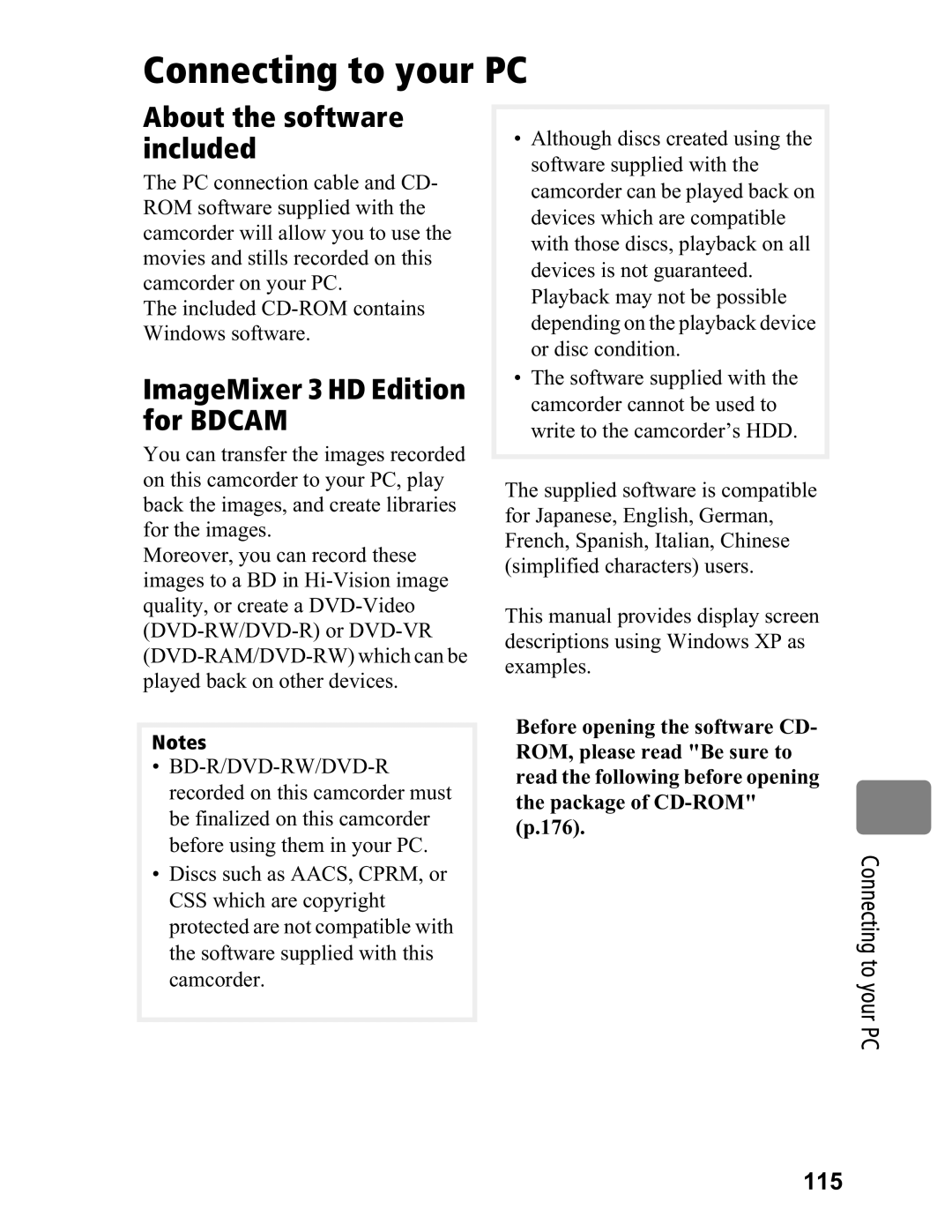 Hitachi DZ-BD7HA, DZ-BD70A About the software included, ImageMixer 3 HD Edition for Bdcam, Connecting to your PC 115 