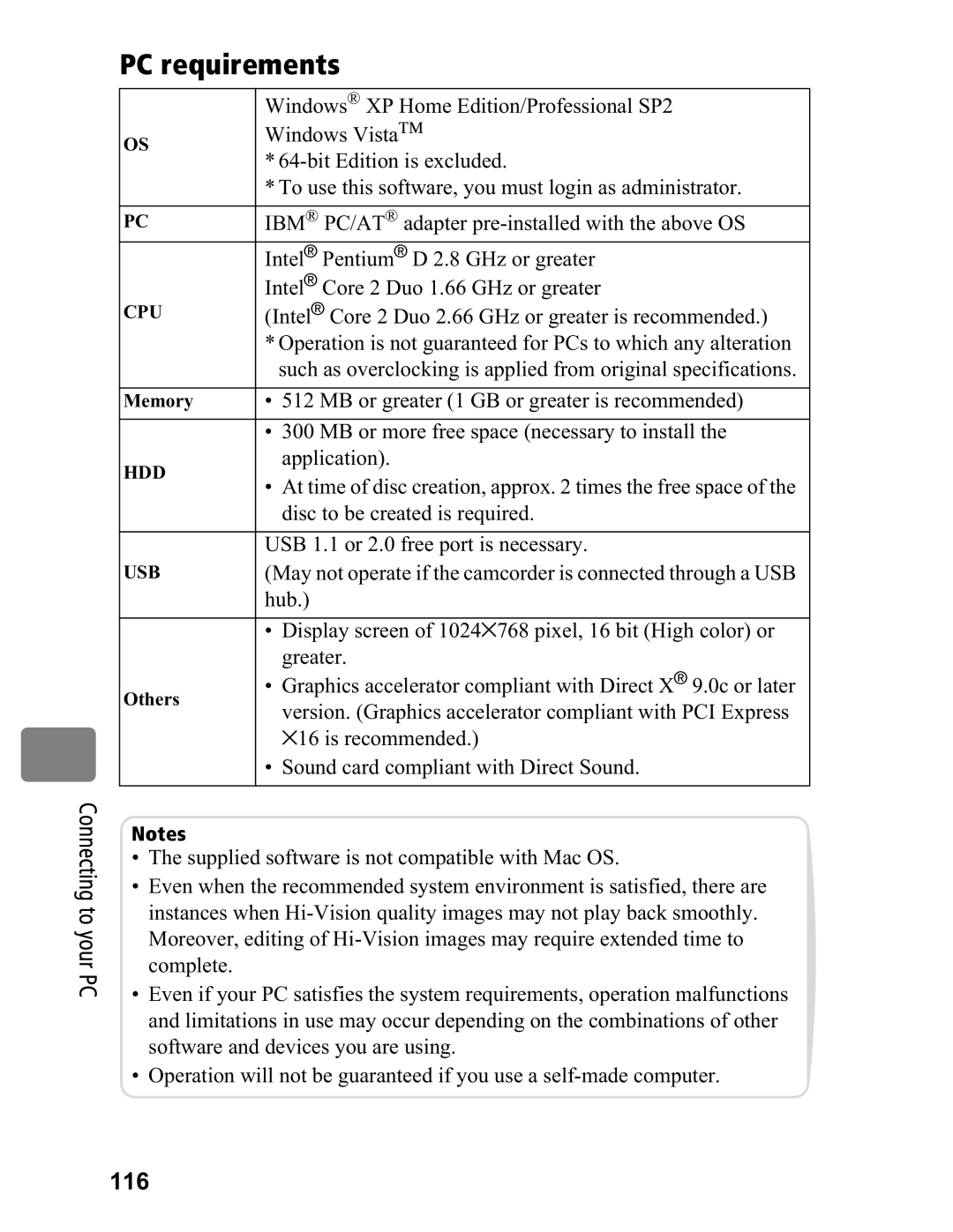 Hitachi DZ-BD70A, DZ-BD7HA instruction manual PC requirements, Connecting to your PC, 116, Memory, Others 