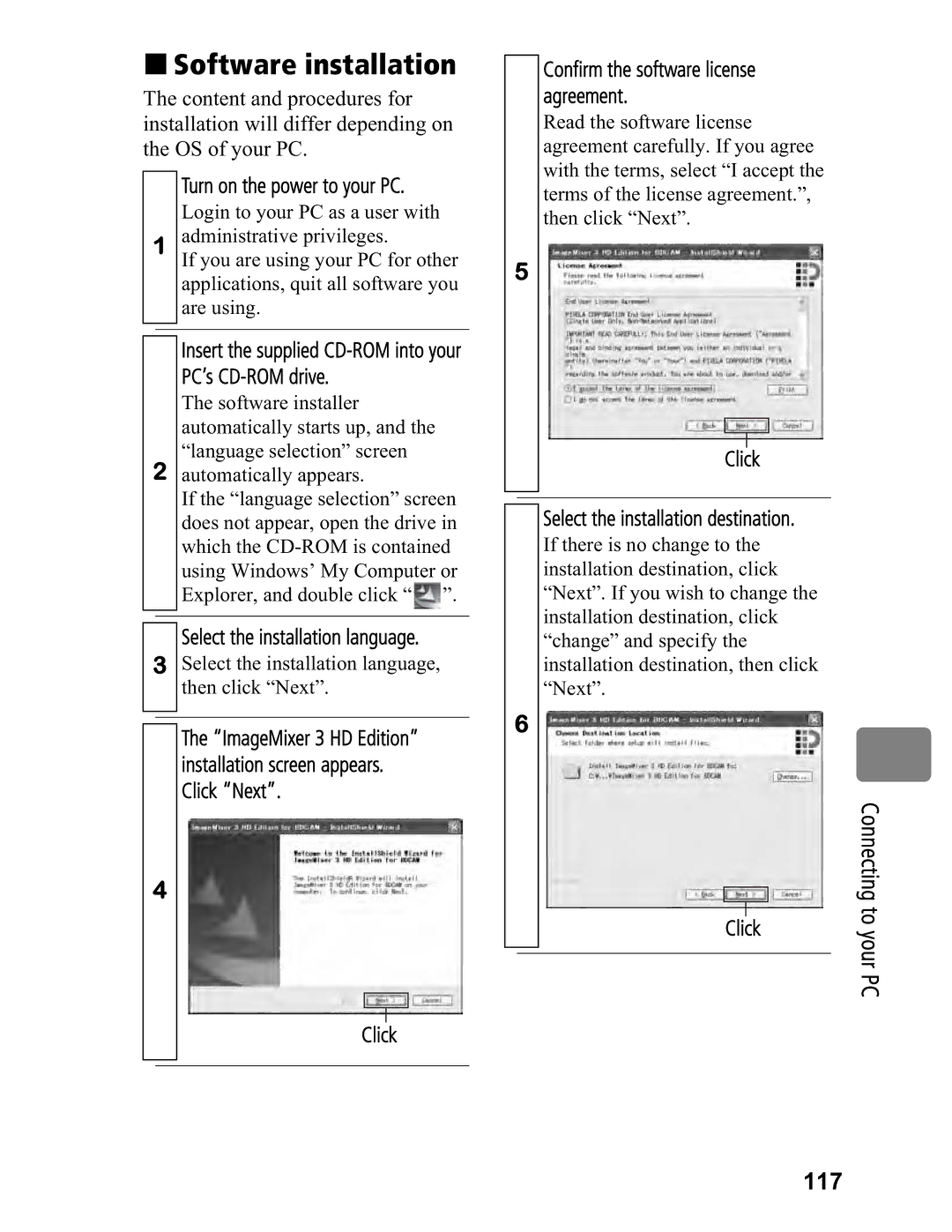 Hitachi DZ-BD7HA, DZ-BD70A instruction manual „ Software installation, Connecting to your PC 117 