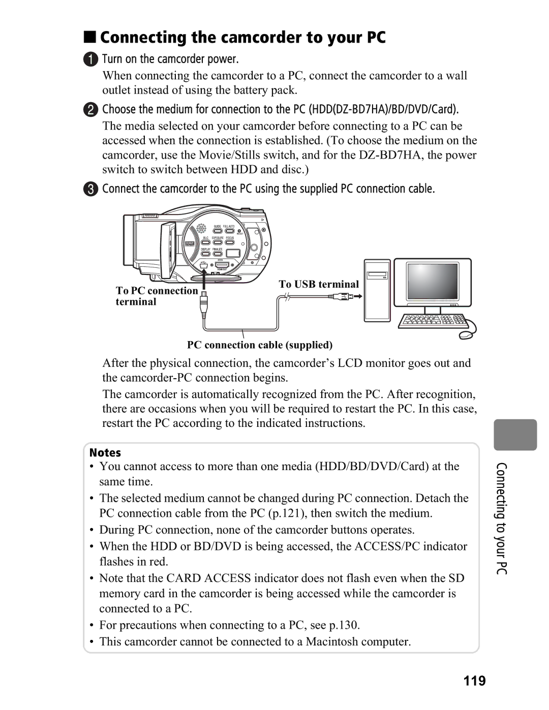 Hitachi DZ-BD7HA, DZ-BD70A „ Connecting the camcorder to your PC, Connecting to your PC 119, Turn on the camcorder power 