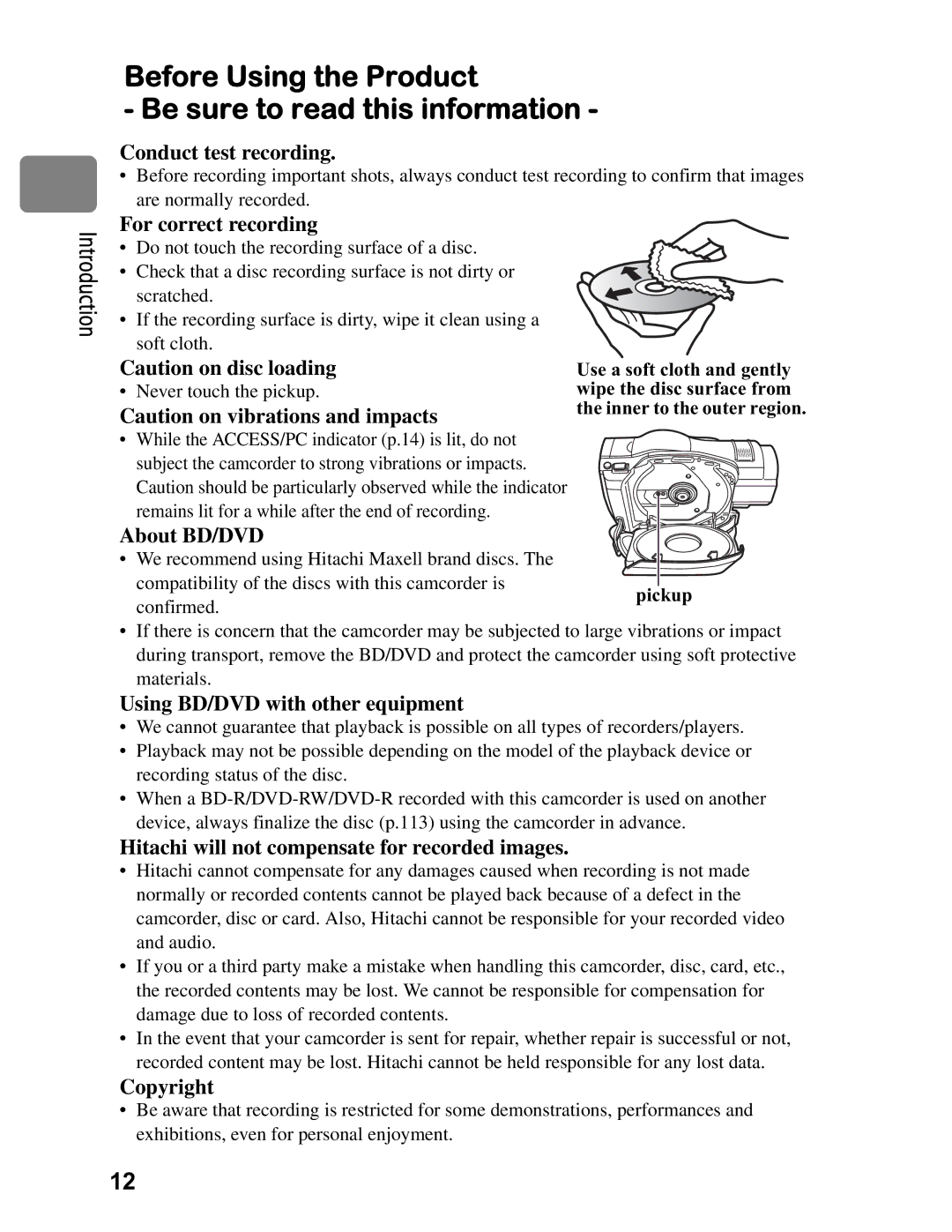 Hitachi DZ-BD70A, DZ-BD7HA instruction manual Before Using the Product Be sure to read this information 