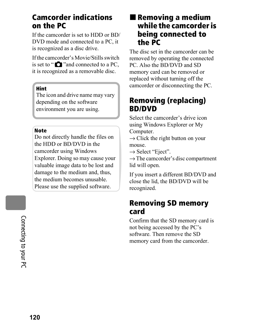 Hitachi DZ-BD70A, DZ-BD7HA Camcorder indications on the PC, Removing replacing, Removing SD memory card, 120 