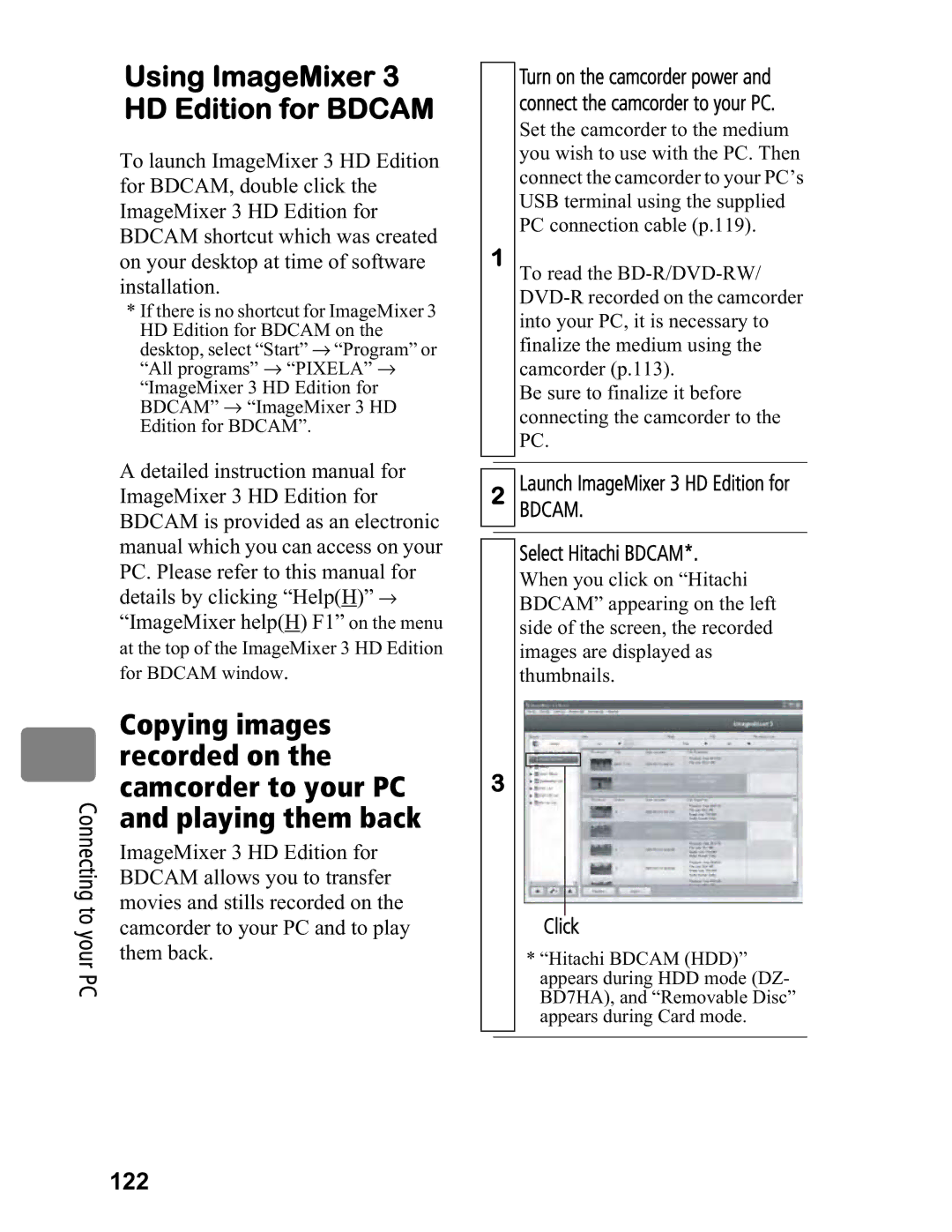 Hitachi DZ-BD70A, DZ-BD7HA instruction manual 122, Launch ImageMixer 3 HD Edition for, Select Hitachi Bdcam 