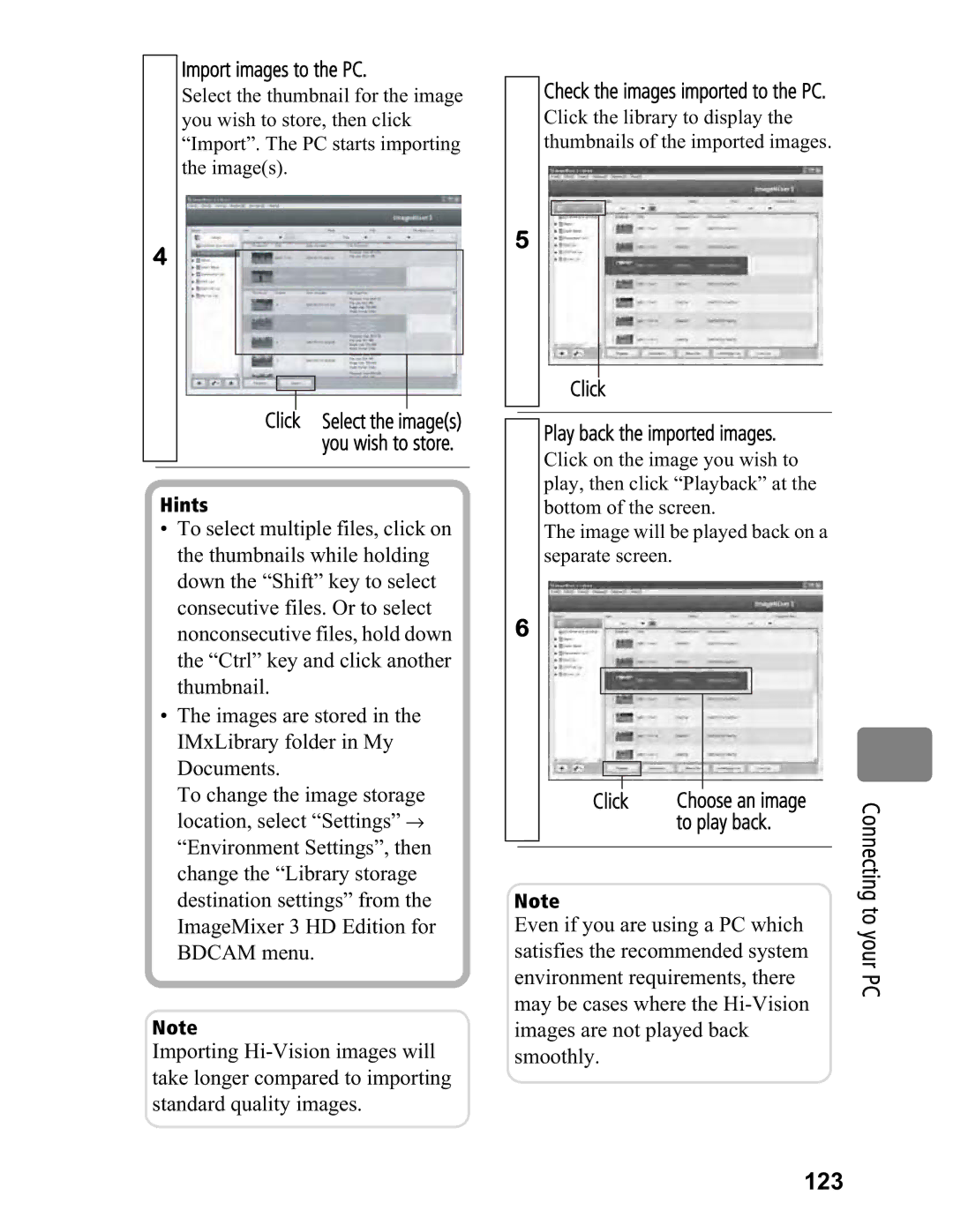 Hitachi DZ-BD7HA, DZ-BD70A Connecting to your PC 123, Import images to the PC, To play back, Play back the imported images 