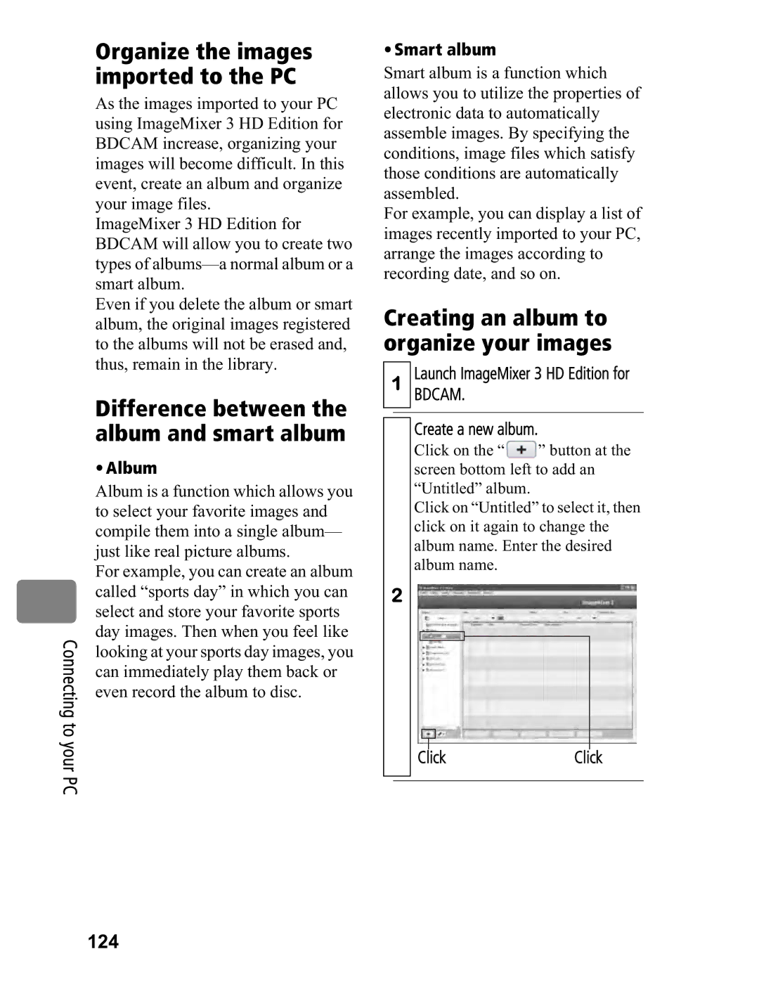 Hitachi DZ-BD70A, DZ-BD7HA instruction manual 124, Album, Smart album, Create a new album, ClickClick 