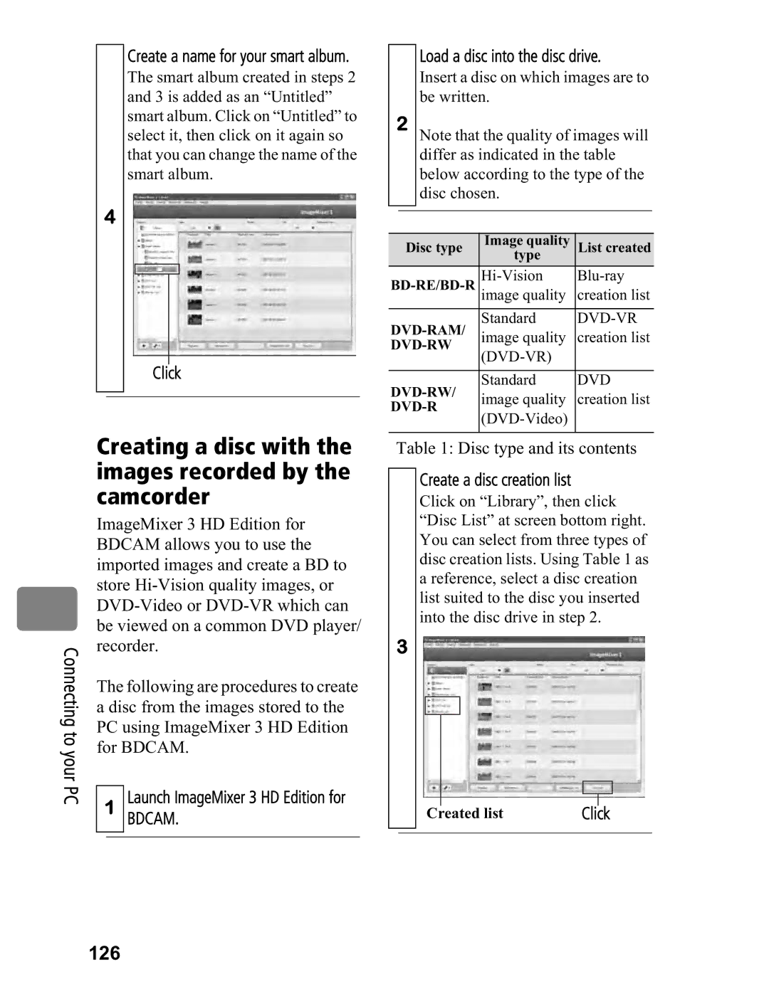 Hitachi DZ-BD70A Creating a disc with the images recorded by the camcorder, 126, Load a disc into the disc drive, Your PC 