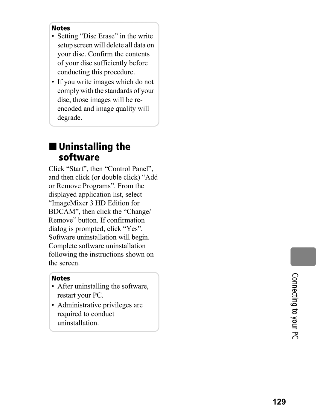 Hitachi DZ-BD7HA, DZ-BD70A instruction manual „ Uninstalling Software, Connecting to your PC 129 