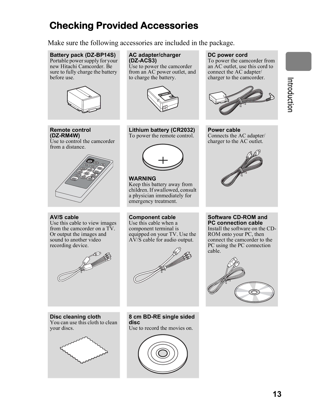 Hitachi DZ-BD7HA, DZ-BD70A instruction manual Checking Provided Accessories, DZ-ACS3 