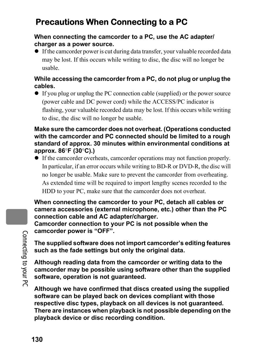 Hitachi DZ-BD70A, DZ-BD7HA instruction manual Precautions When Connecting to a PC, 130 