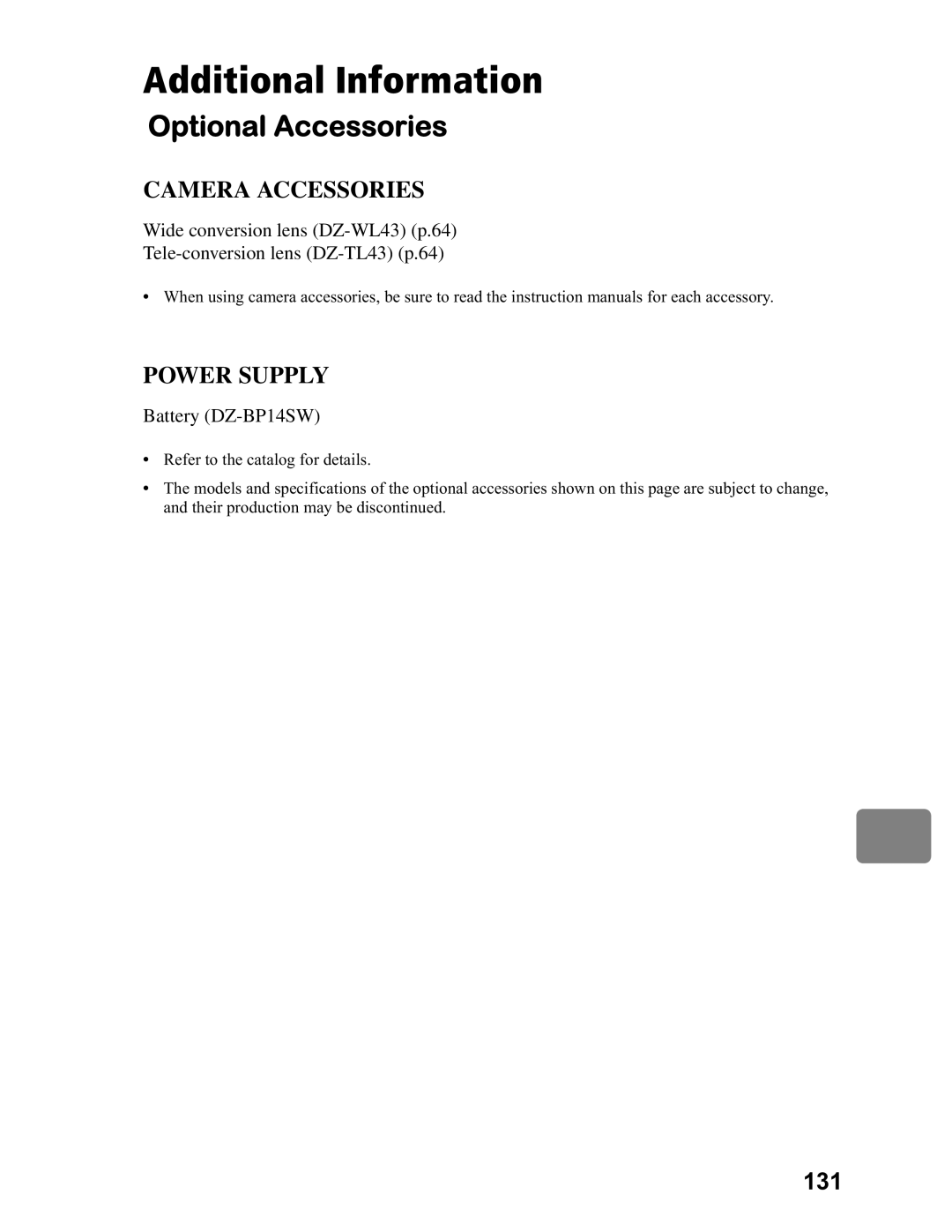 Hitachi DZ-BD7HA, DZ-BD70A instruction manual Optional Accessories, 131 