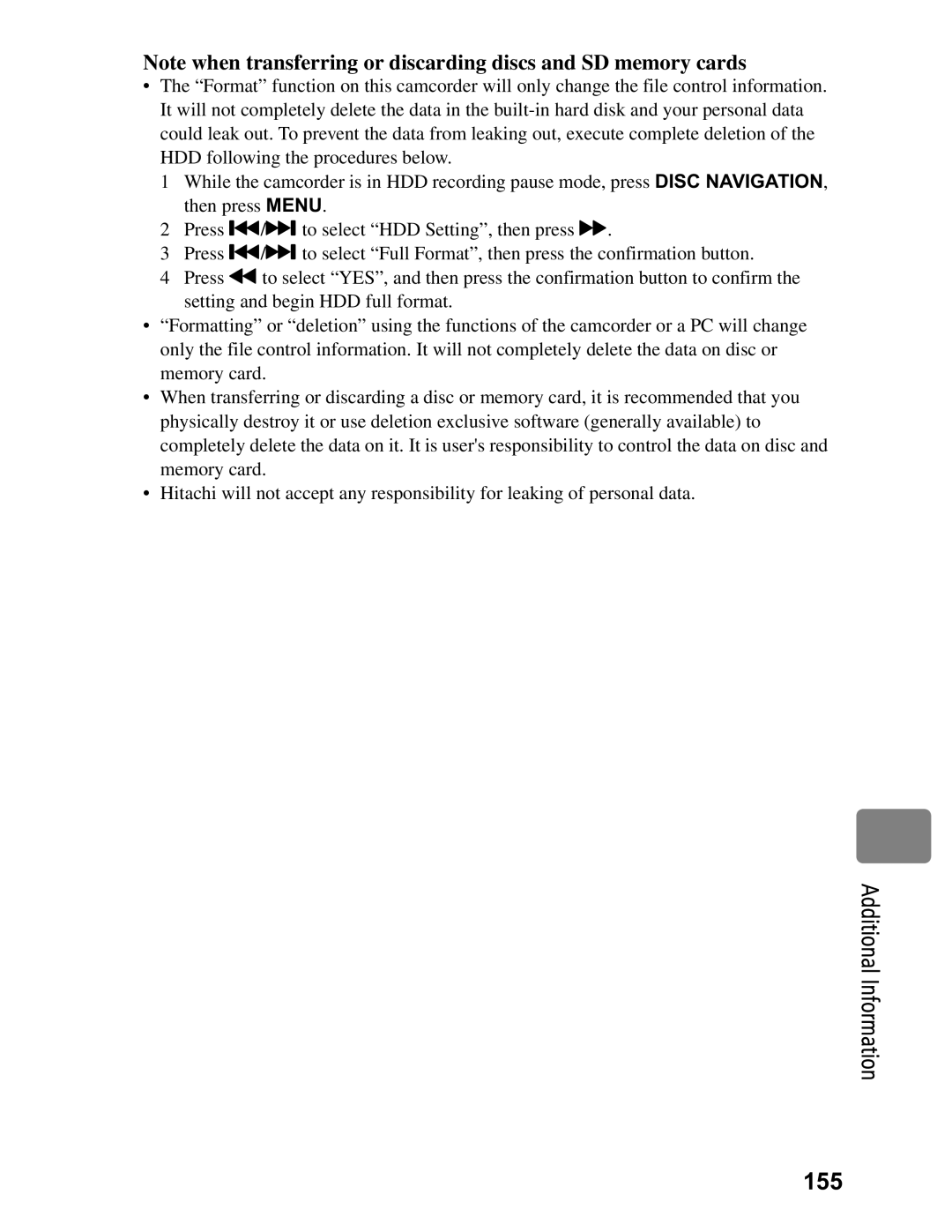 Hitachi DZ-BD7HA, DZ-BD70A instruction manual Additional Information 155 