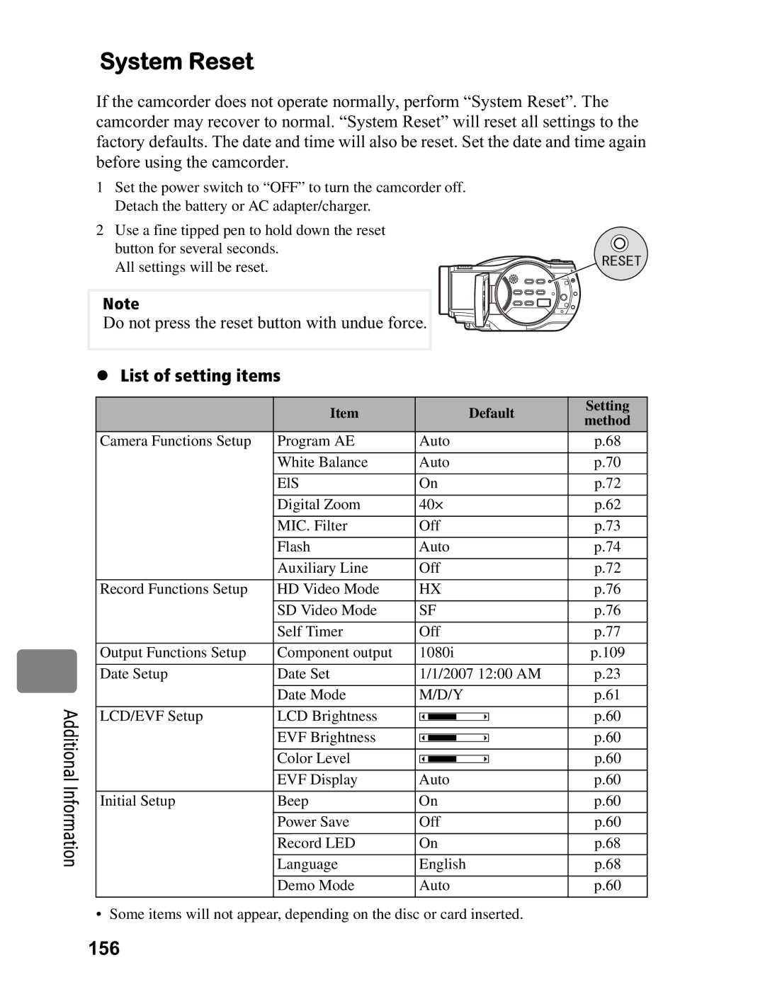 Hitachi DZ-BD70A, DZ-BD7HA instruction manual System Reset, 156, List of setting items 