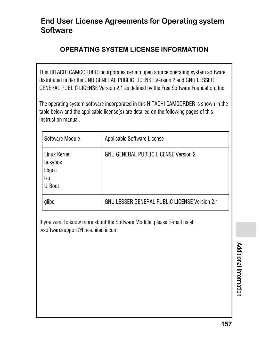 Hitachi DZ-BD7HA, DZ-BD70A End User License Agreements for Operating system Software, Additional Information 157 