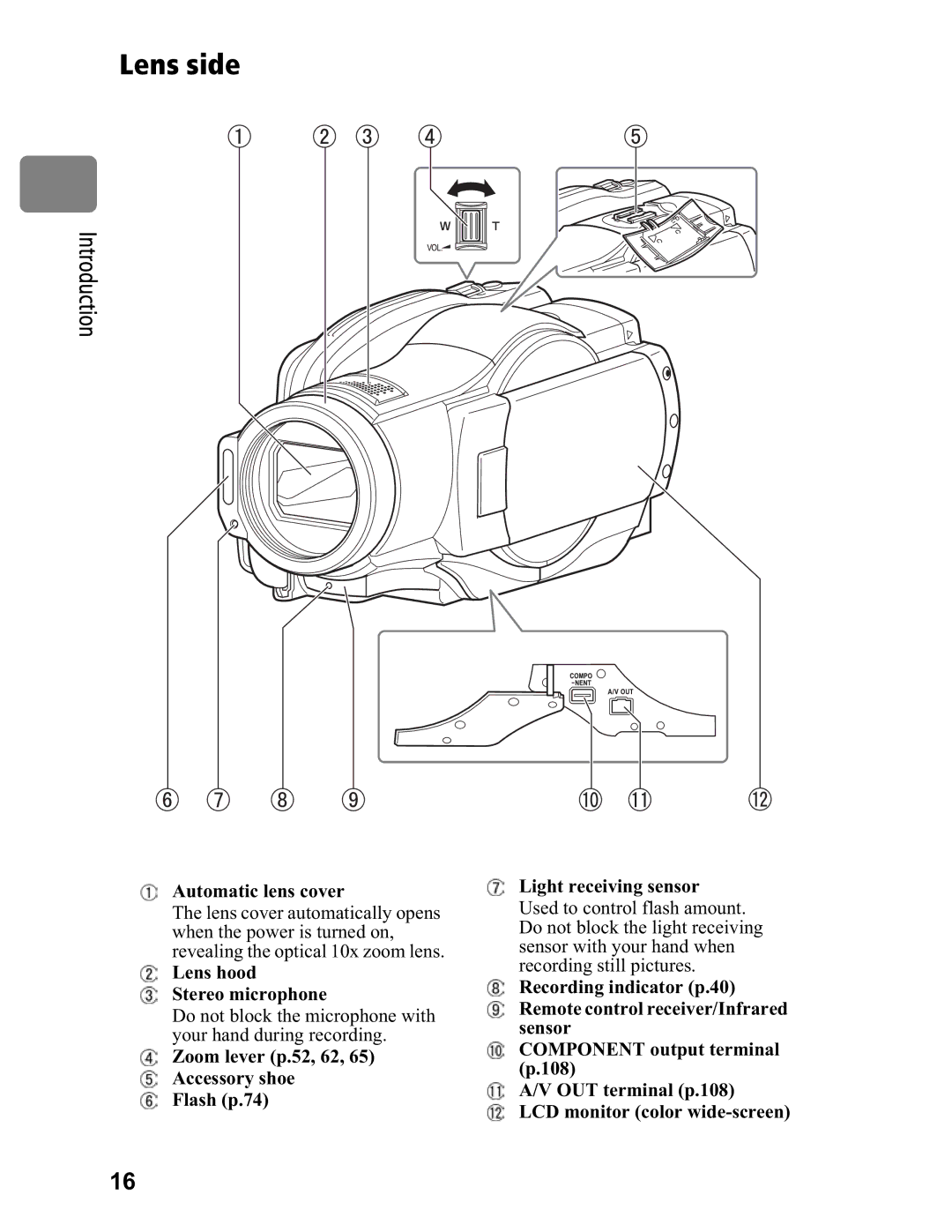 Hitachi DZ-BD70A, DZ-BD7HA instruction manual Lens side, Automatic lens cover, Lens hood Stereo microphone 