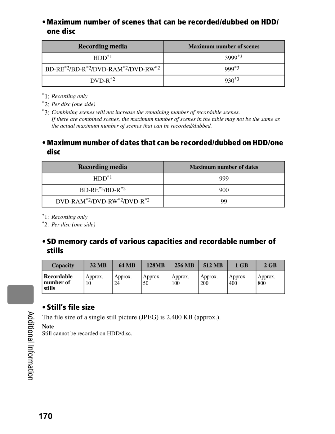 Hitachi DZ-BD70A, DZ-BD7HA instruction manual 170, Still’s file size, Recording media 