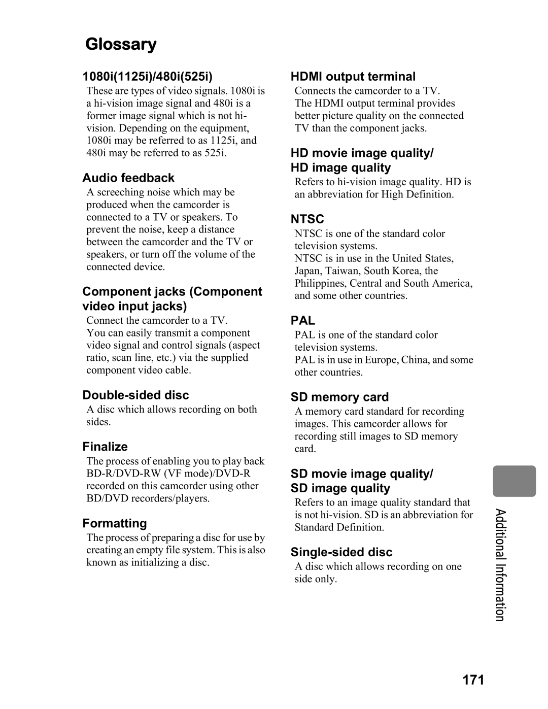 Hitachi DZ-BD7HA, DZ-BD70A instruction manual Glossary, Additional Information 171 