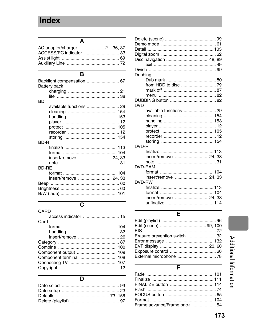 Hitachi DZ-BD7HA, DZ-BD70A instruction manual Index, Additional Information 173 