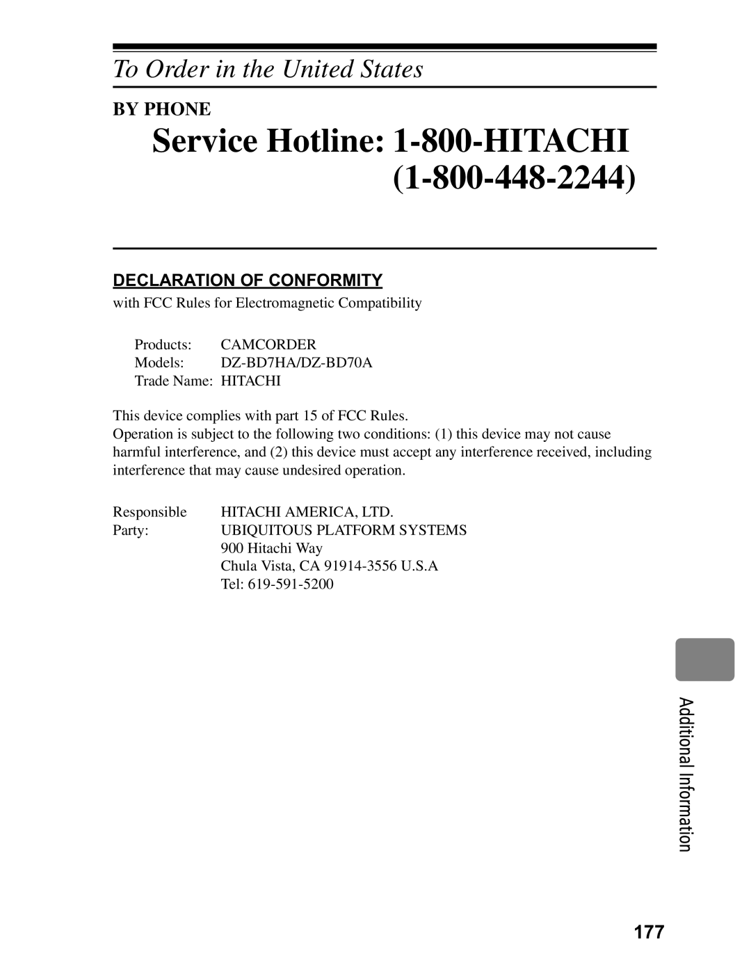 Hitachi DZ-BD7HA, DZ-BD70A instruction manual Service Hotline 1-800-HITACHI, Additional Information 177 