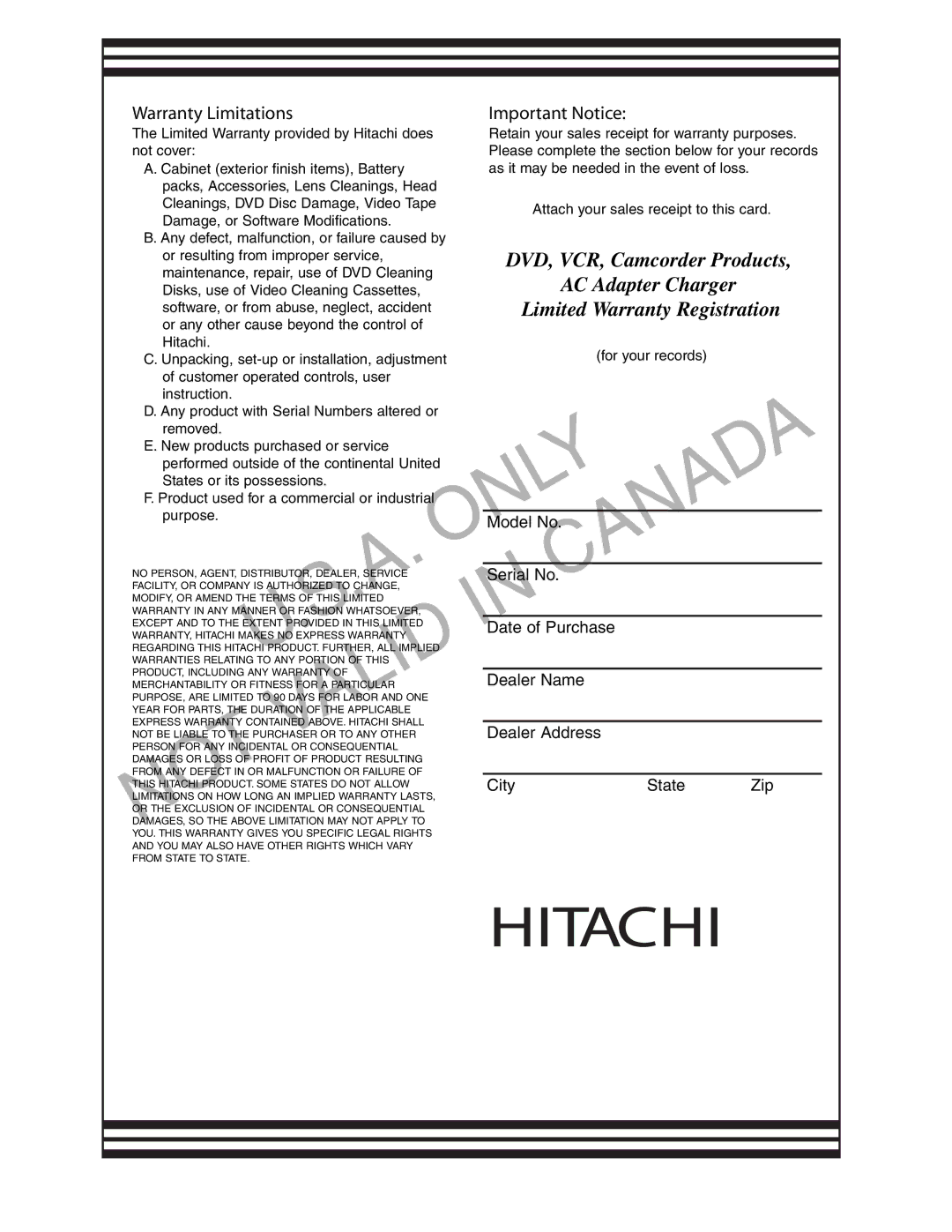 Hitachi DZ-BD7HA, DZ-BD70A instruction manual Only 