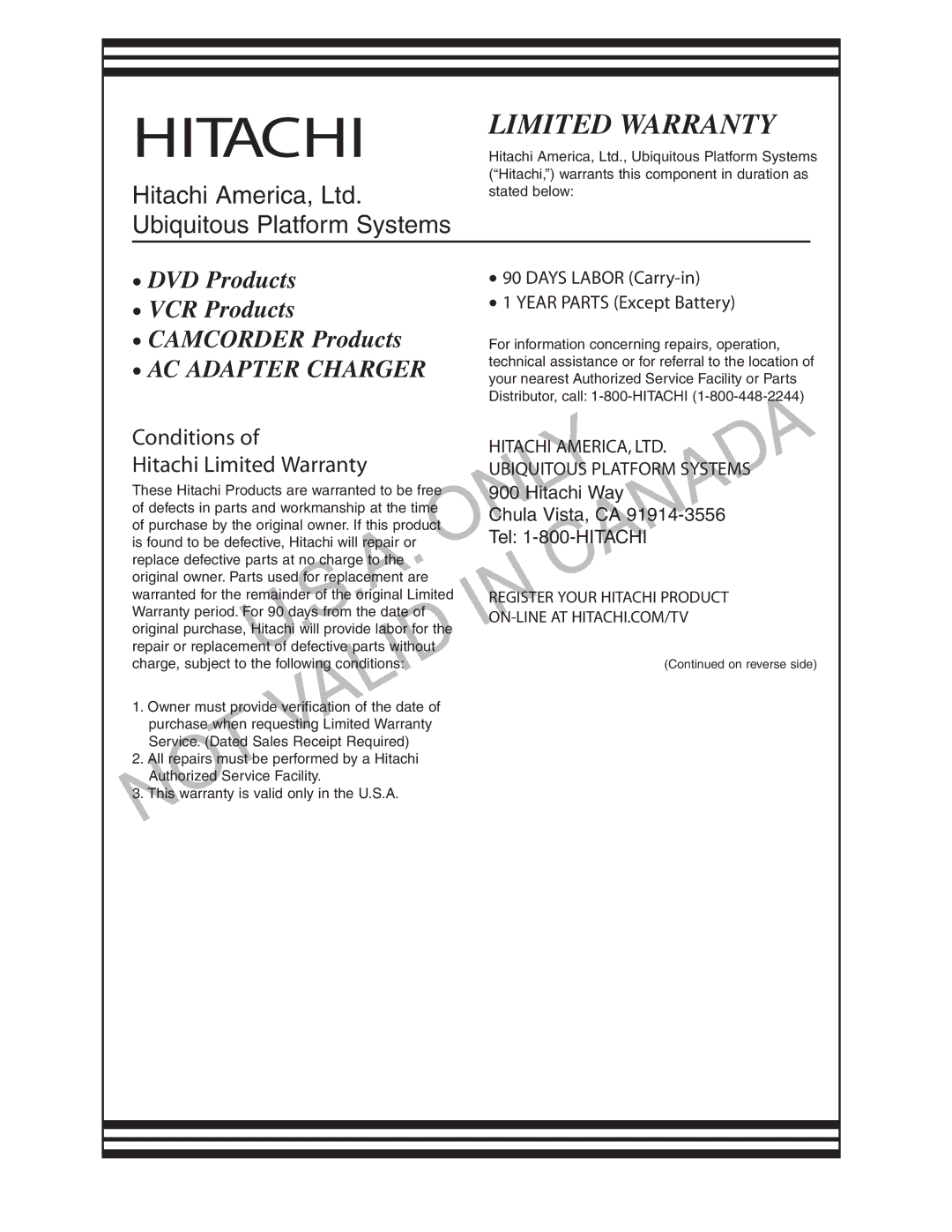 Hitachi DZ-BD70A, DZ-BD7HA instruction manual Only 