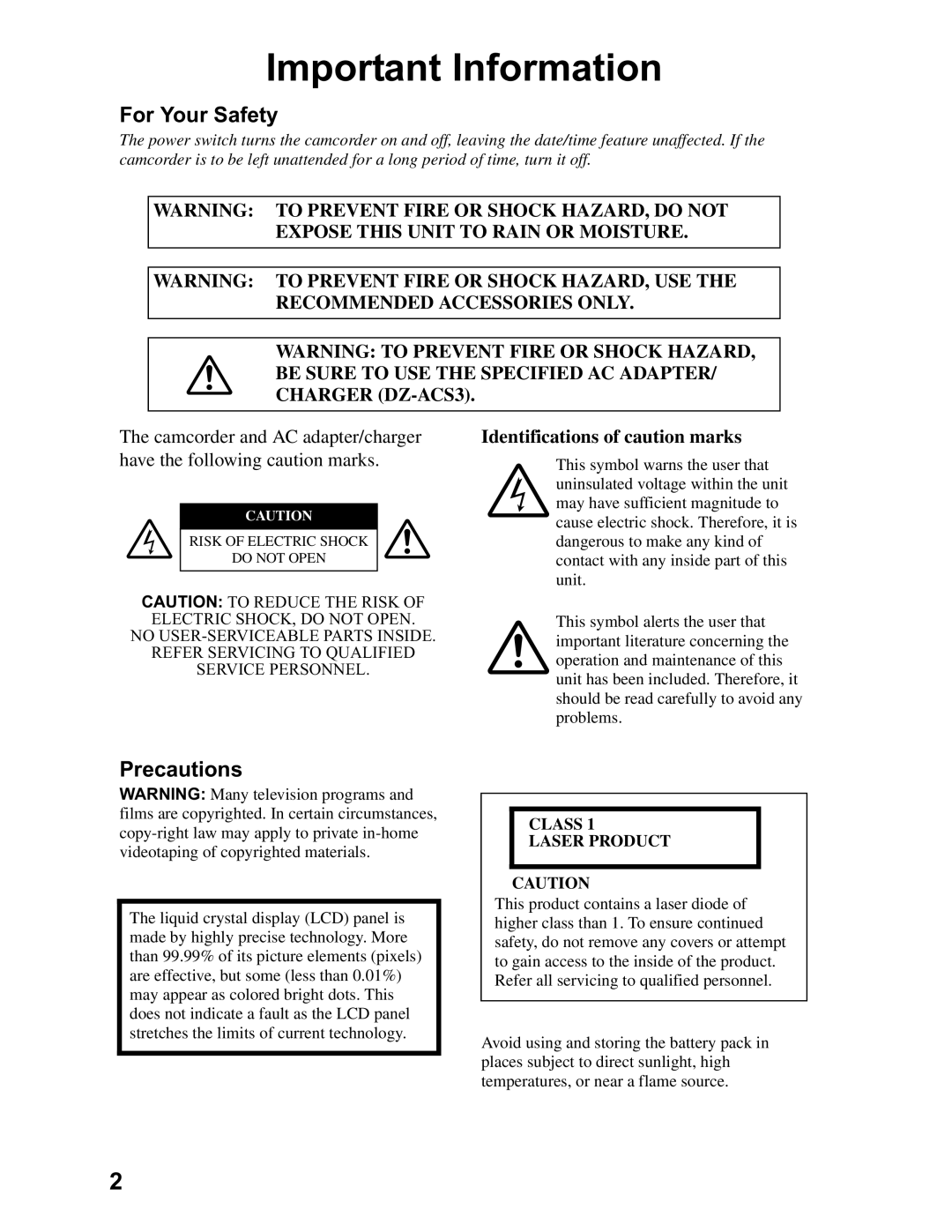 Hitachi DZ-BD70A, DZ-BD7HA instruction manual For Your Safety, Precautions, Identifications of caution marks 