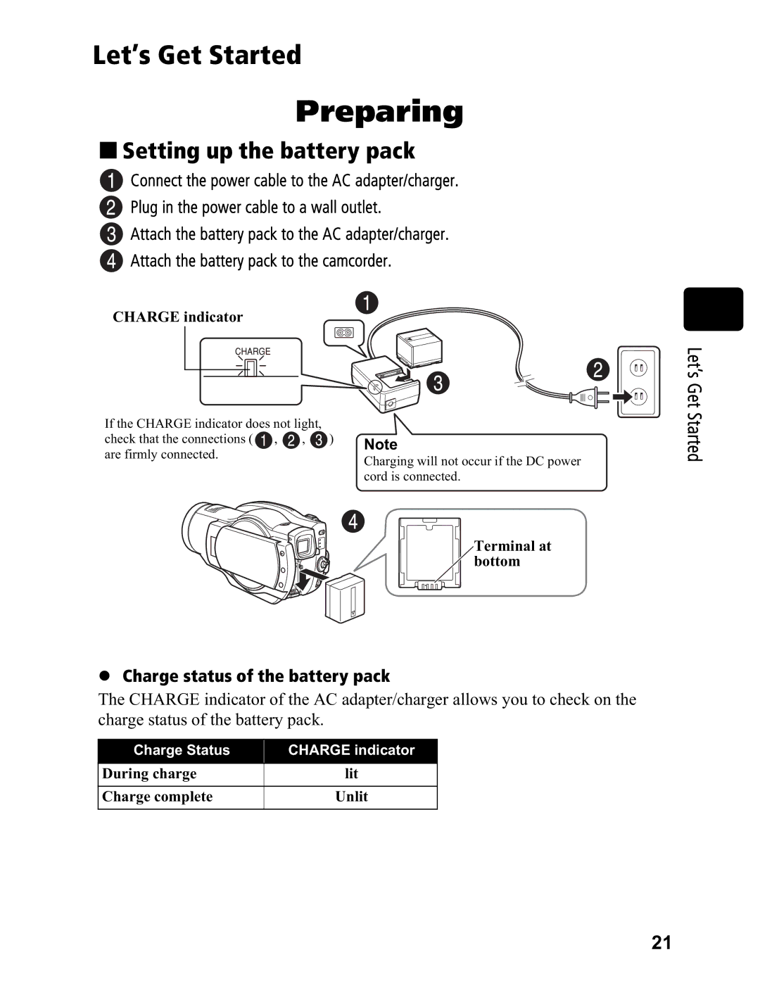 Hitachi DZ-BD7HA, DZ-BD70A „ Setting up the battery pack, Let’s Get Started, Charge status of the battery pack 