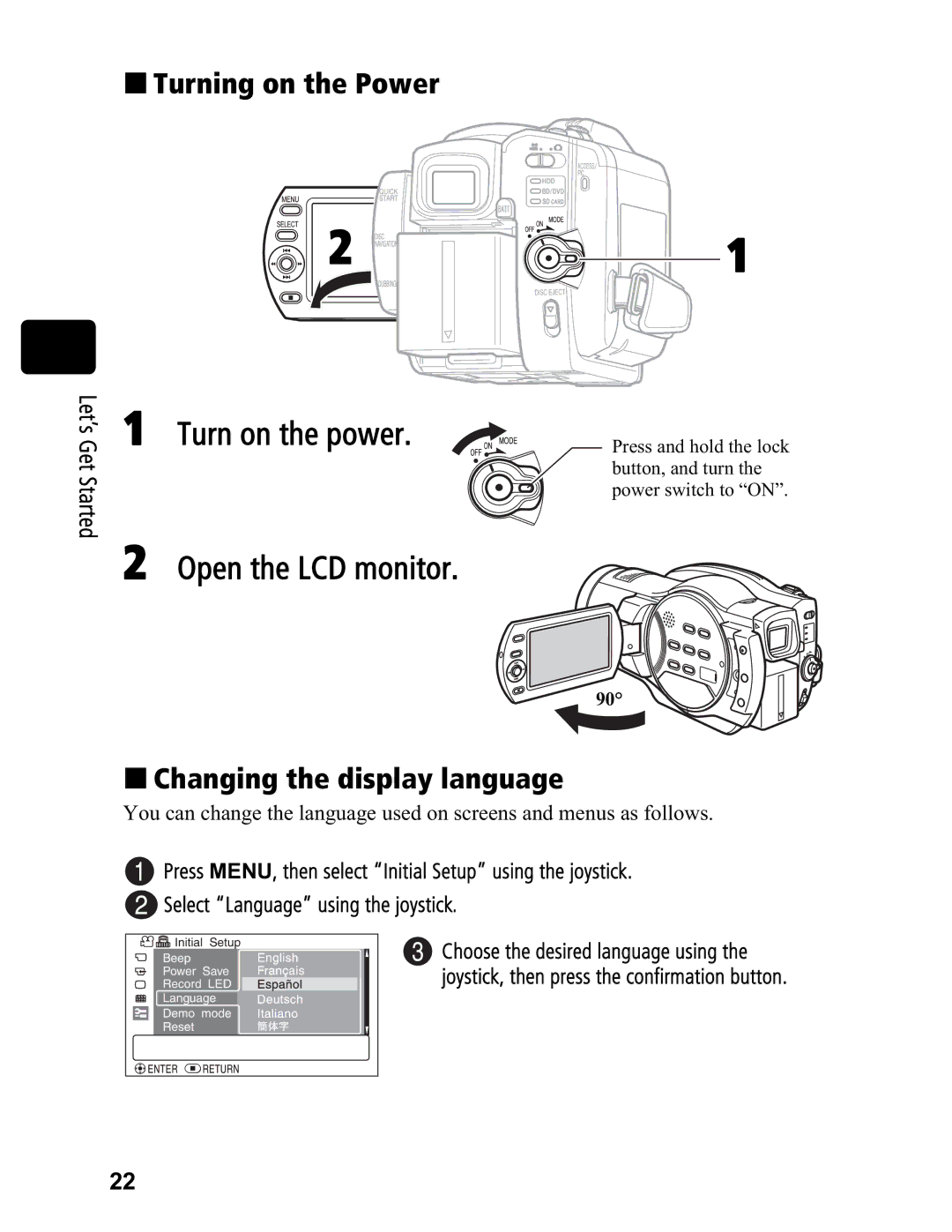 Hitachi DZ-BD70A, DZ-BD7HA instruction manual „ Turning on the Power, „ Changing the display language 