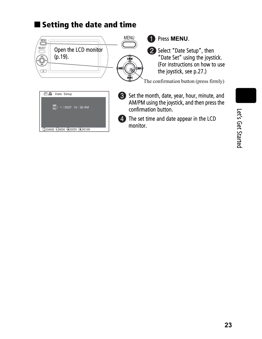 Hitachi DZ-BD7HA, DZ-BD70A instruction manual „ Setting the date and time, Open the LCD monitor p.19 Press Menu 