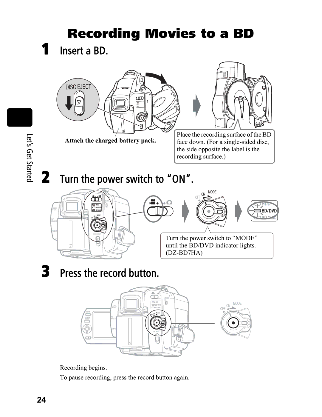 Hitachi DZ-BD70A, DZ-BD7HA instruction manual Recording Movies to a BD 