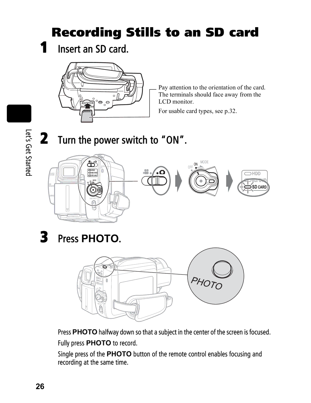 Hitachi DZ-BD70A, DZ-BD7HA instruction manual Recording Stills to an SD card 