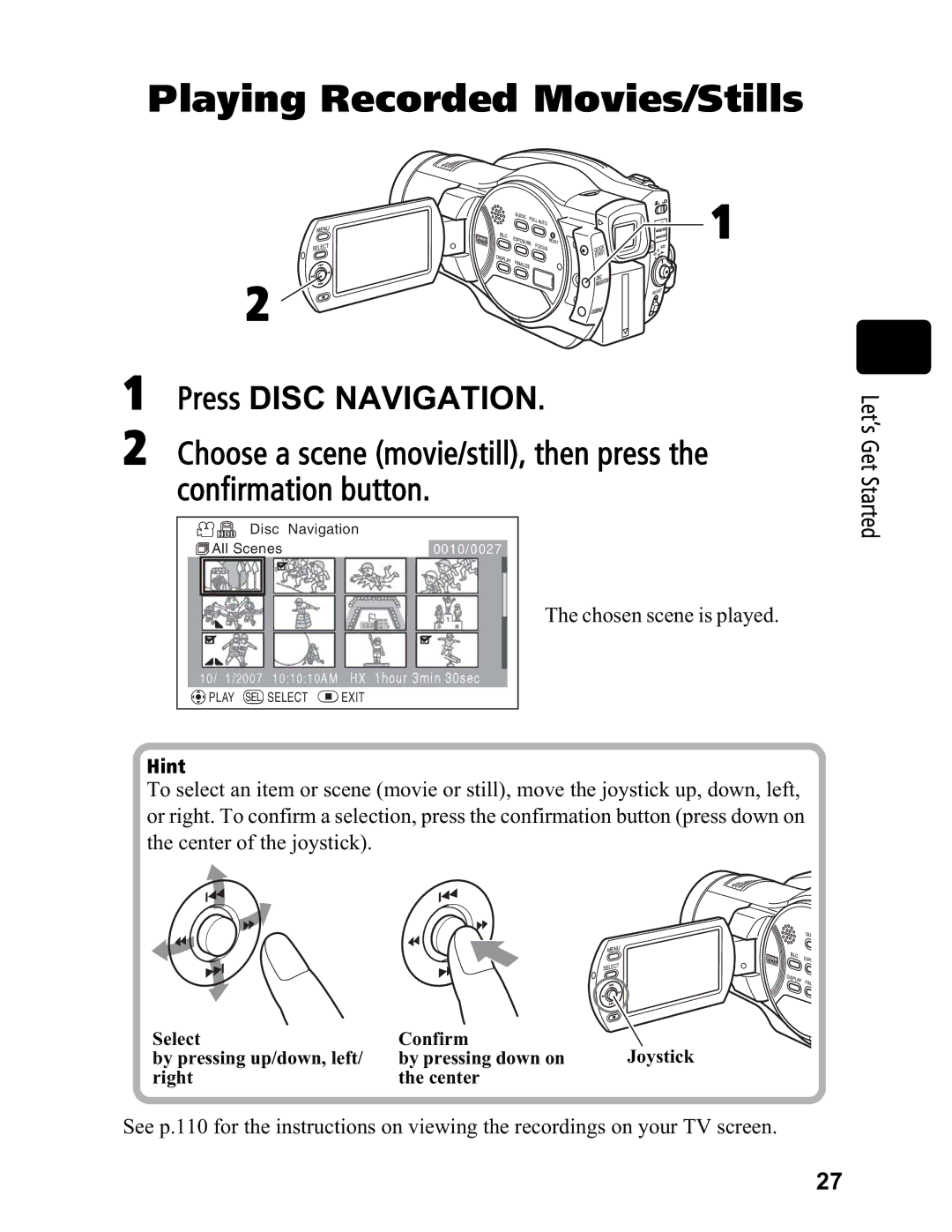 Hitachi DZ-BD7HA, DZ-BD70A instruction manual Playing Recorded Movies/Stills, Hint 