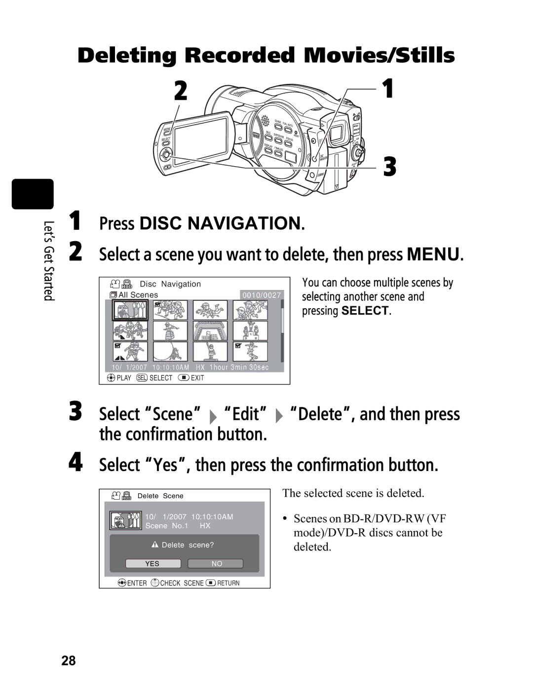 Hitachi DZ-BD70A, DZ-BD7HA instruction manual Deleting Recorded Movies/Stills 