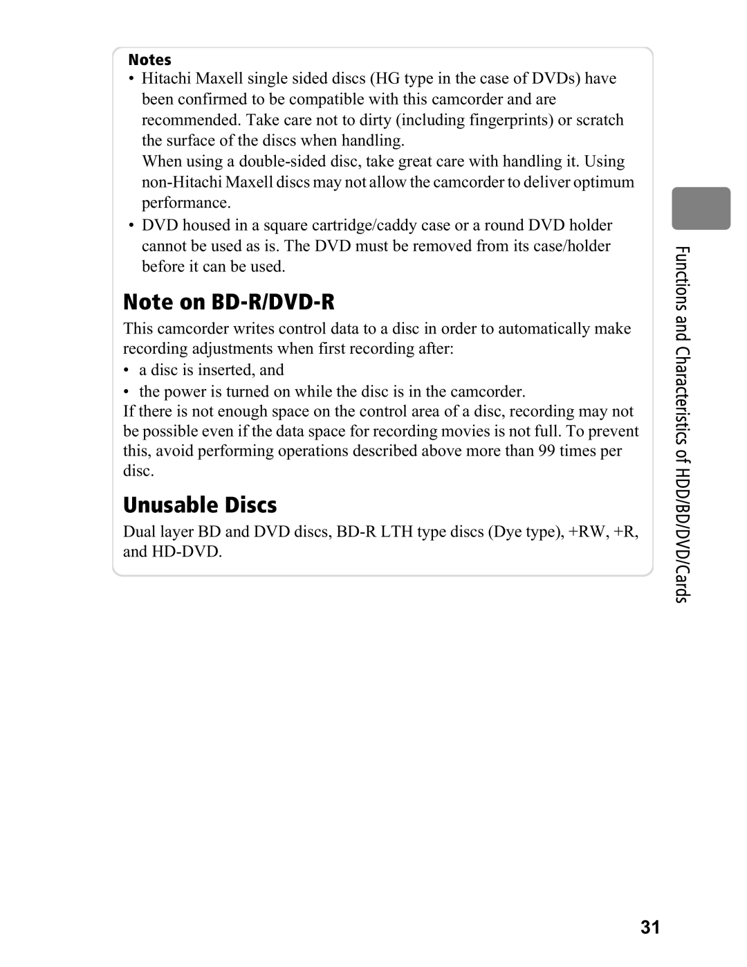 Hitachi DZ-BD7HA, DZ-BD70A instruction manual Unusable Discs 