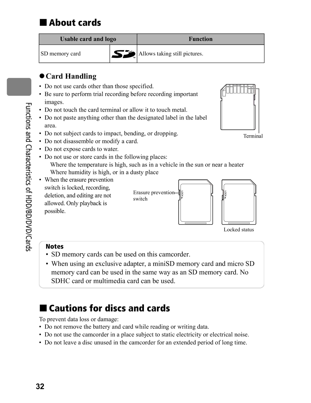 Hitachi DZ-BD70A, DZ-BD7HA instruction manual „ About cards, „ Cautions for discs and cards, Usable card and logo Function 