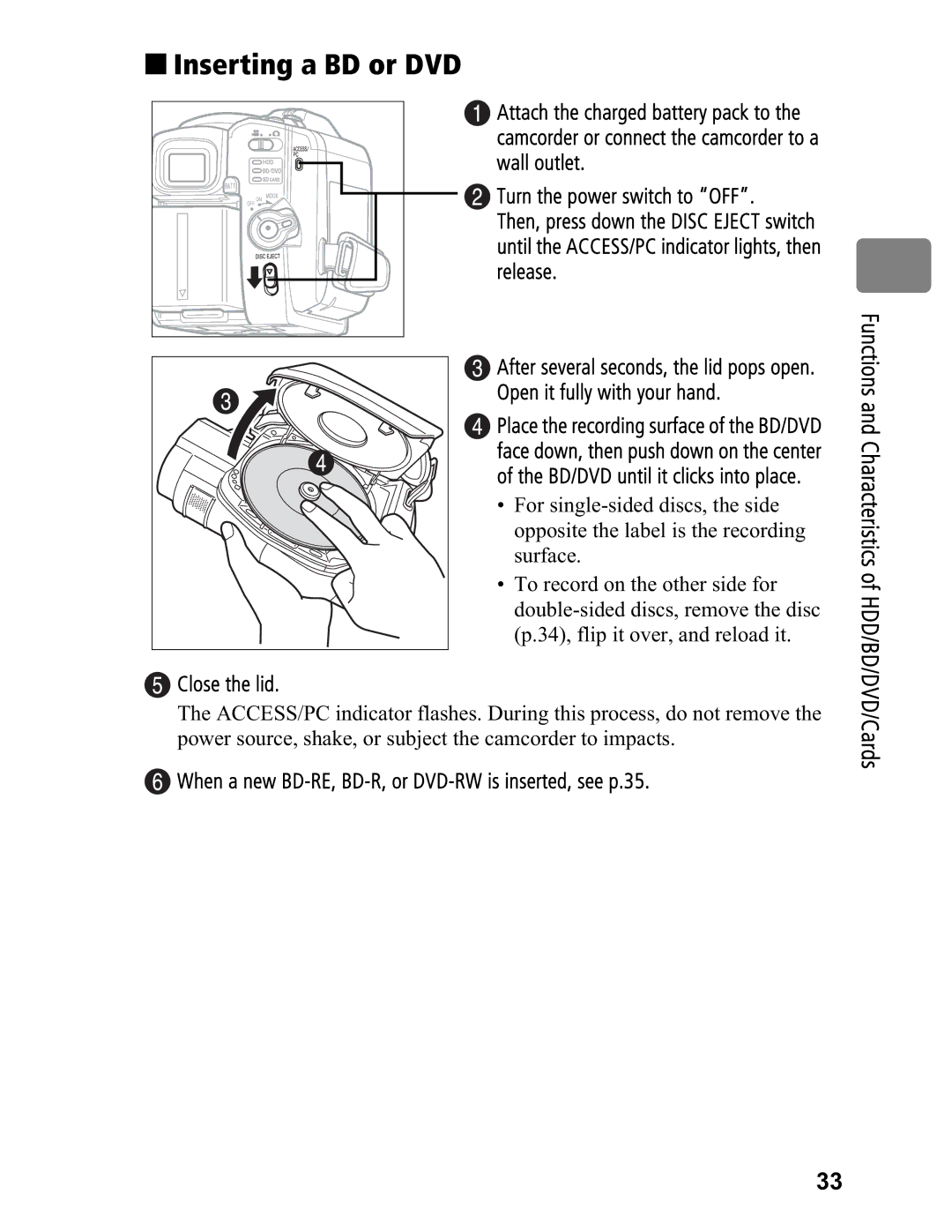 Hitachi DZ-BD7HA, DZ-BD70A „ Inserting a BD or DVD, Wall outlet Turn the power switch to OFF, Close the lid 