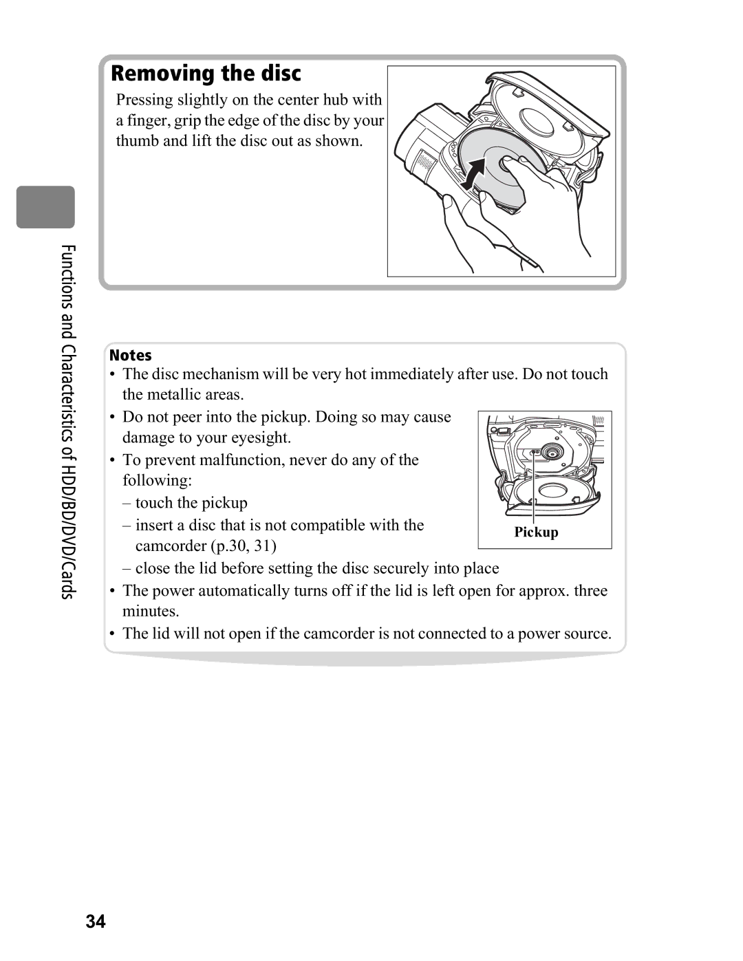 Hitachi DZ-BD70A, DZ-BD7HA instruction manual Removing the disc, Pickup 