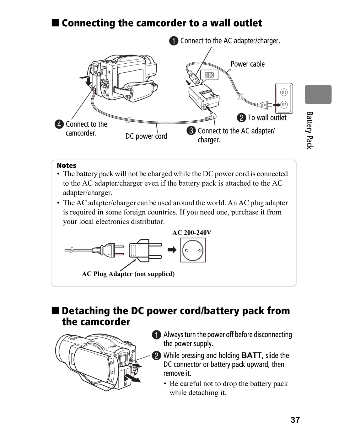 Hitachi DZ-BD7HA, DZ-BD70A „ Connecting the camcorder to a wall outlet, Connect to the AC adapter/charger Power cable 