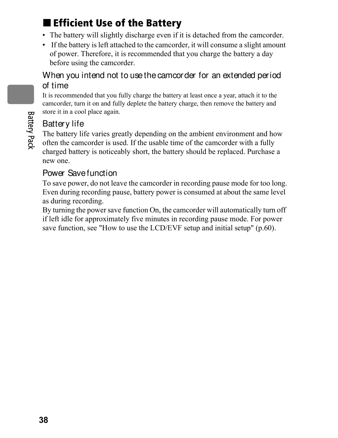 Hitachi DZ-BD70A, DZ-BD7HA instruction manual „ Efficient Use of the Battery, Battery life 