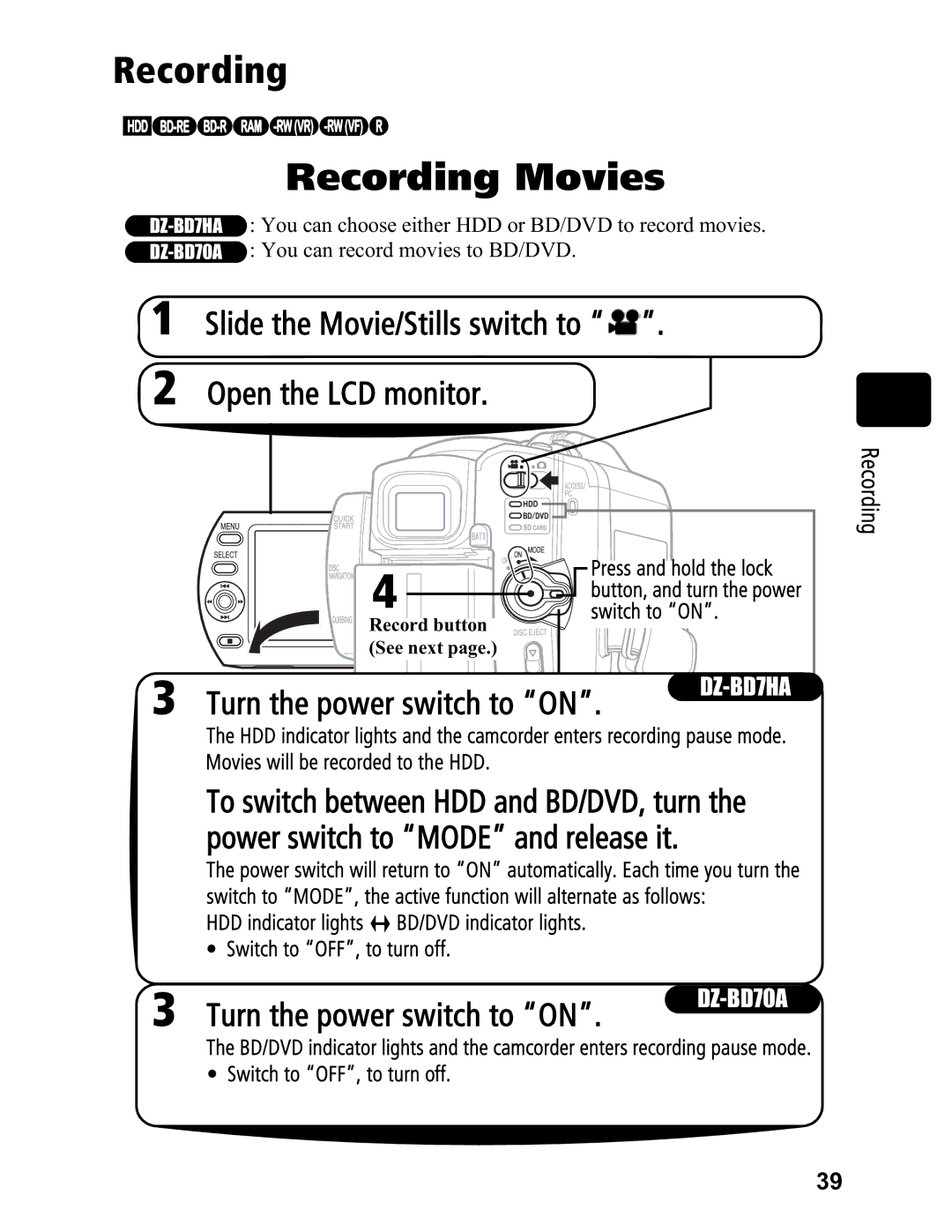 Hitachi DZ-BD7HA, DZ-BD70A instruction manual Recording, Switch to on, Record button See next 