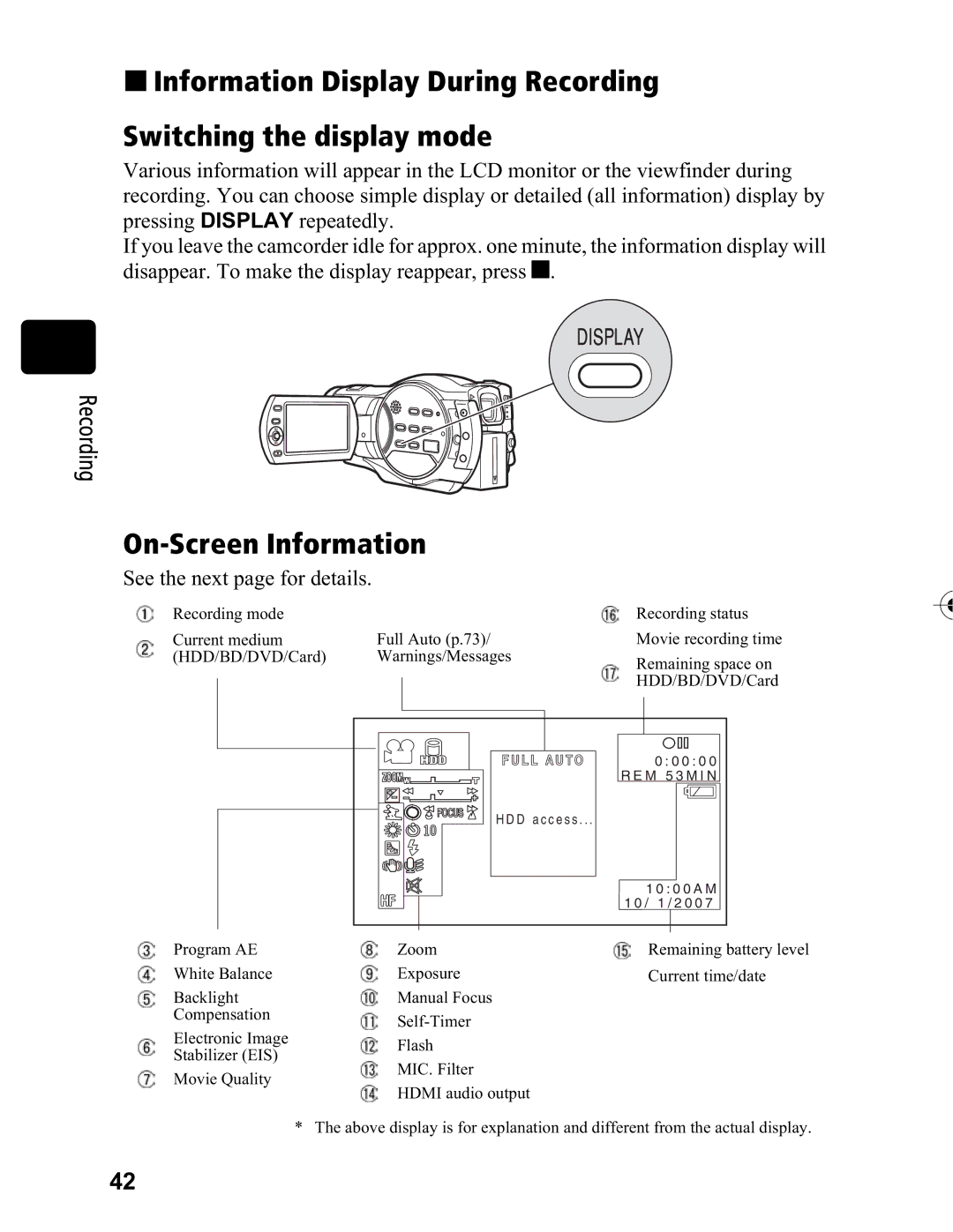 Hitachi DZ-BD70A, DZ-BD7HA instruction manual On-Screen Information, See the next page for details 