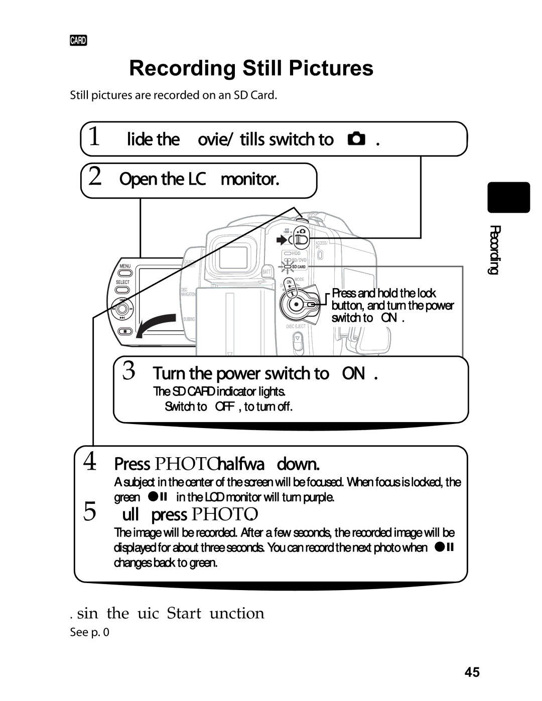 Hitachi DZ-BD7HA, DZ-BD70A Using the Quick Start function, SD Card indicator lights Switch to OFF, to turn off 