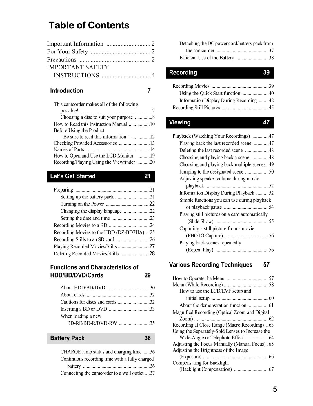 Hitachi DZ-BD7HA, DZ-BD70A instruction manual Table of Contents 