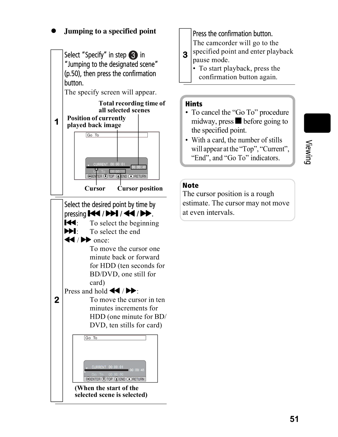 Hitachi DZ-BD7HA, DZ-BD70A Jumping to a specified point to, Button, Select the desired point by time by pressing / / &/ % 