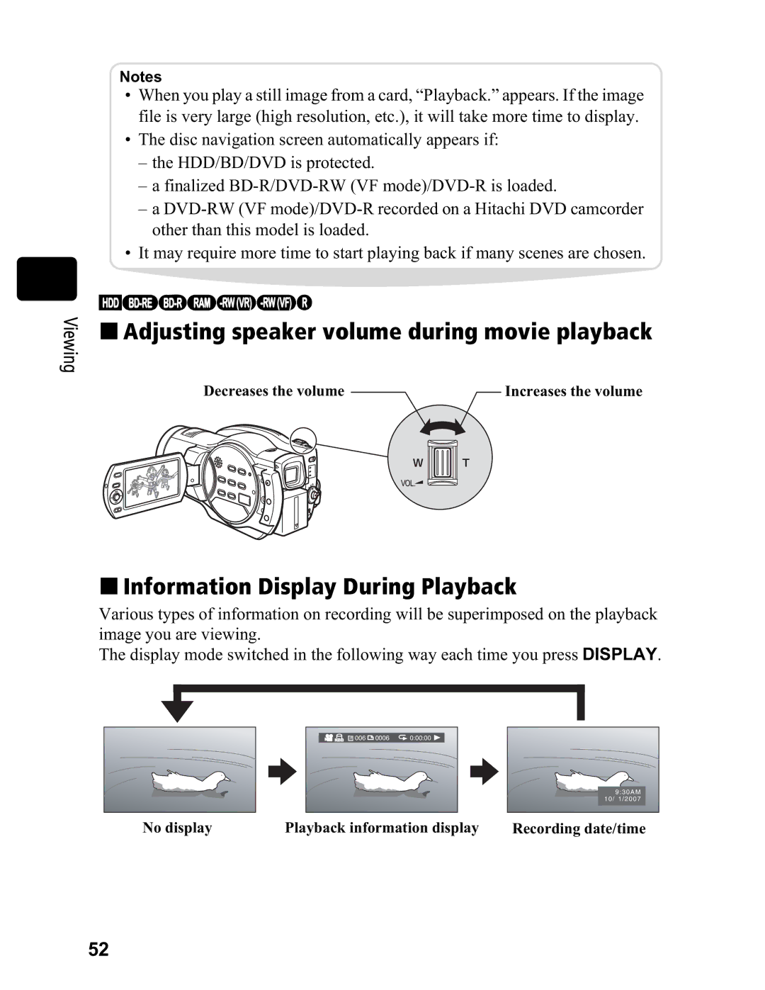 Hitachi DZ-BD70A, DZ-BD7HA „ Adjusting speaker volume during movie playback, „ Information Display During Playback 