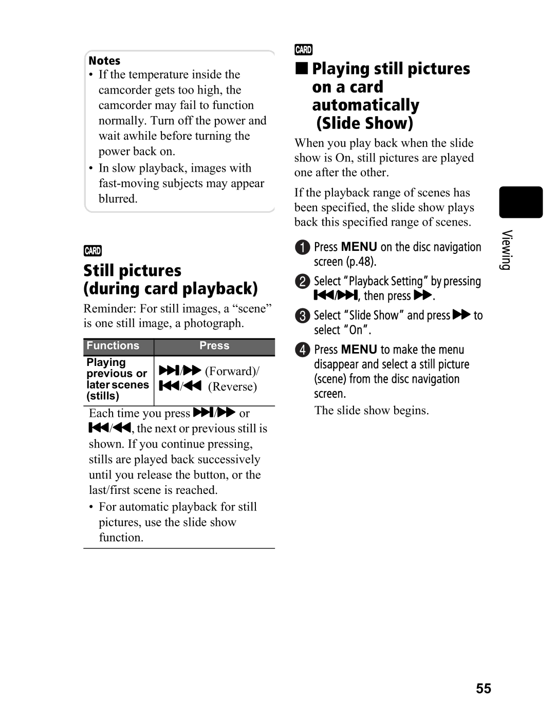 Hitachi DZ-BD7HA Still pictures During card playback, „ Playing still pictures on a card Automatically Slide Show 