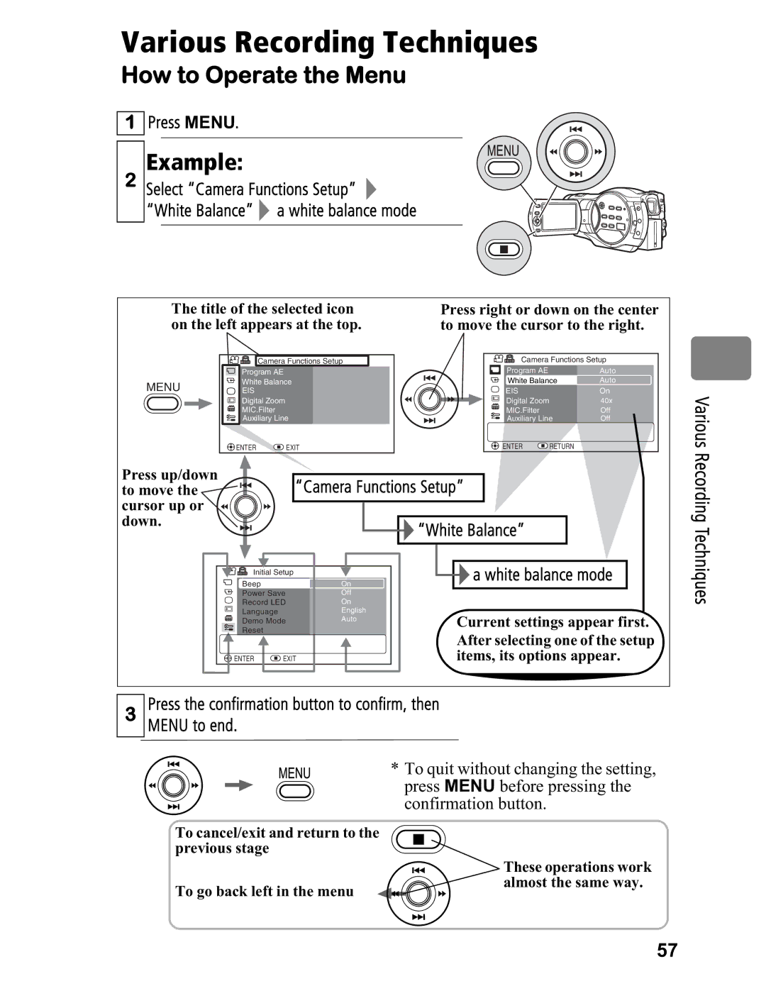 Hitachi DZ-BD7HA, DZ-BD70A instruction manual How to Operate the Menu, Example, Various, Recording Techniques 