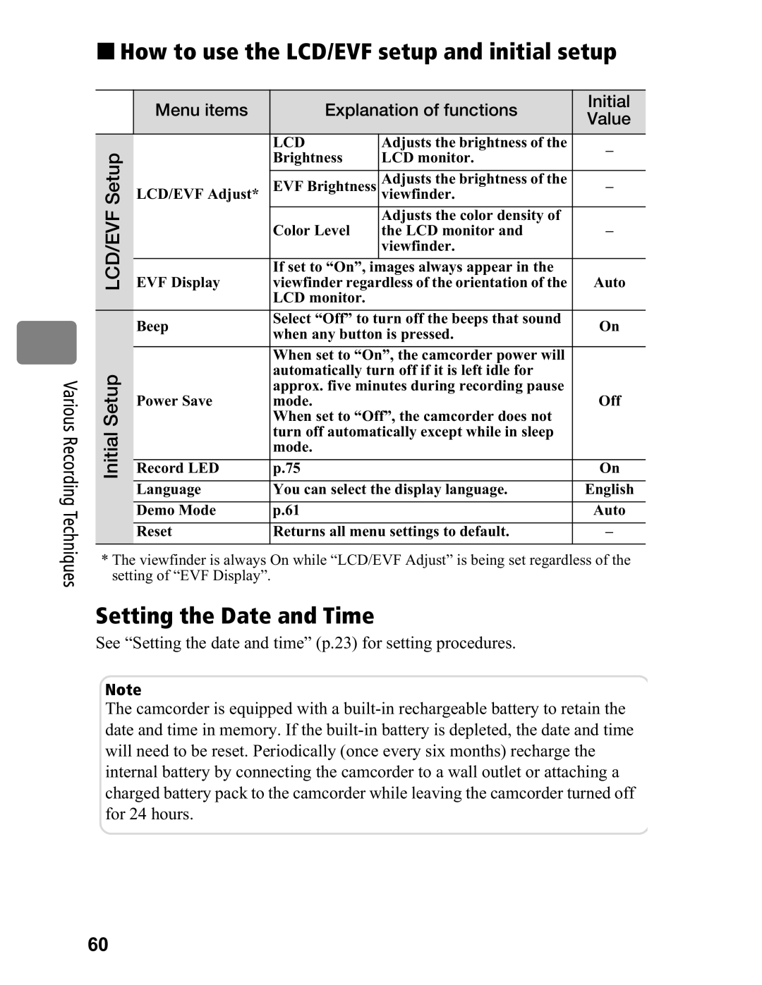 Hitachi DZ-BD70A „ How to use the LCD/EVF setup and initial setup, Setting the Date and Time, Various Recording Techniques 